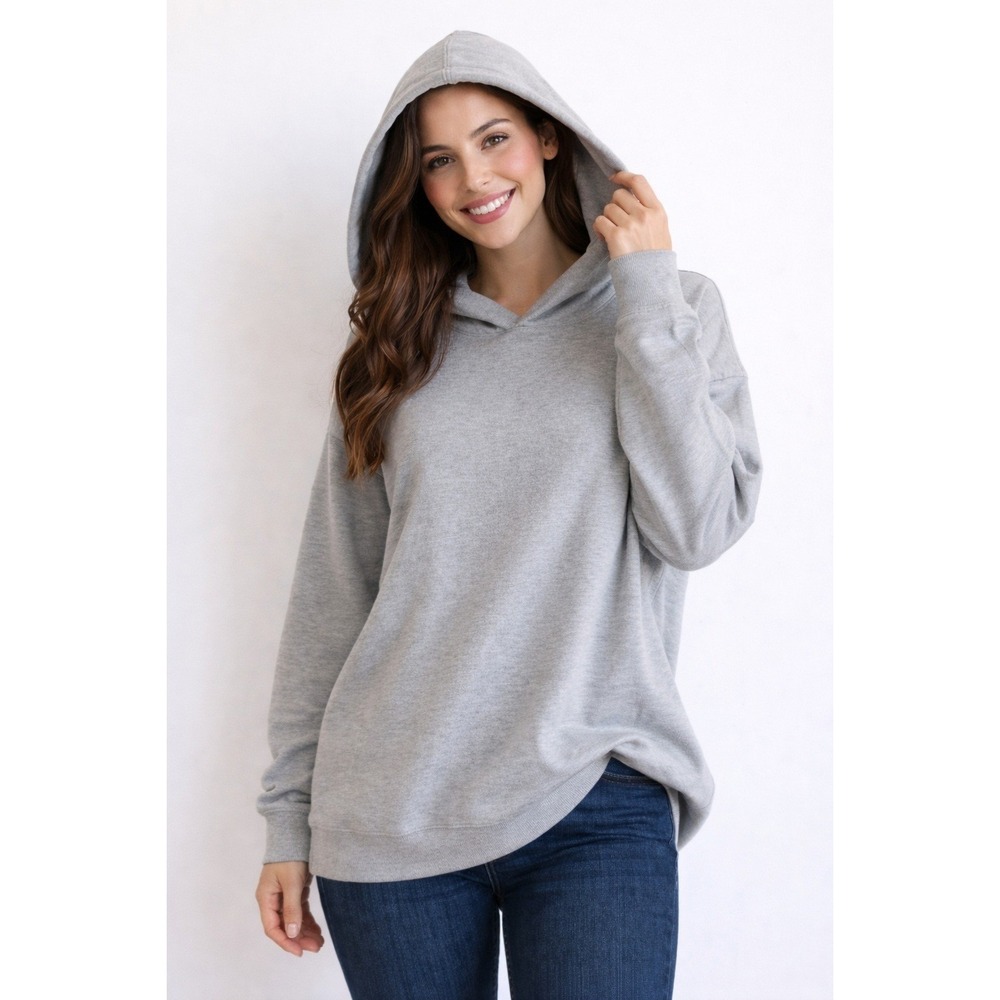 Eileen Fisher XL Light Gray Hooded Tunic‎ Sweatshirt Organic Cotton Blend XL TG